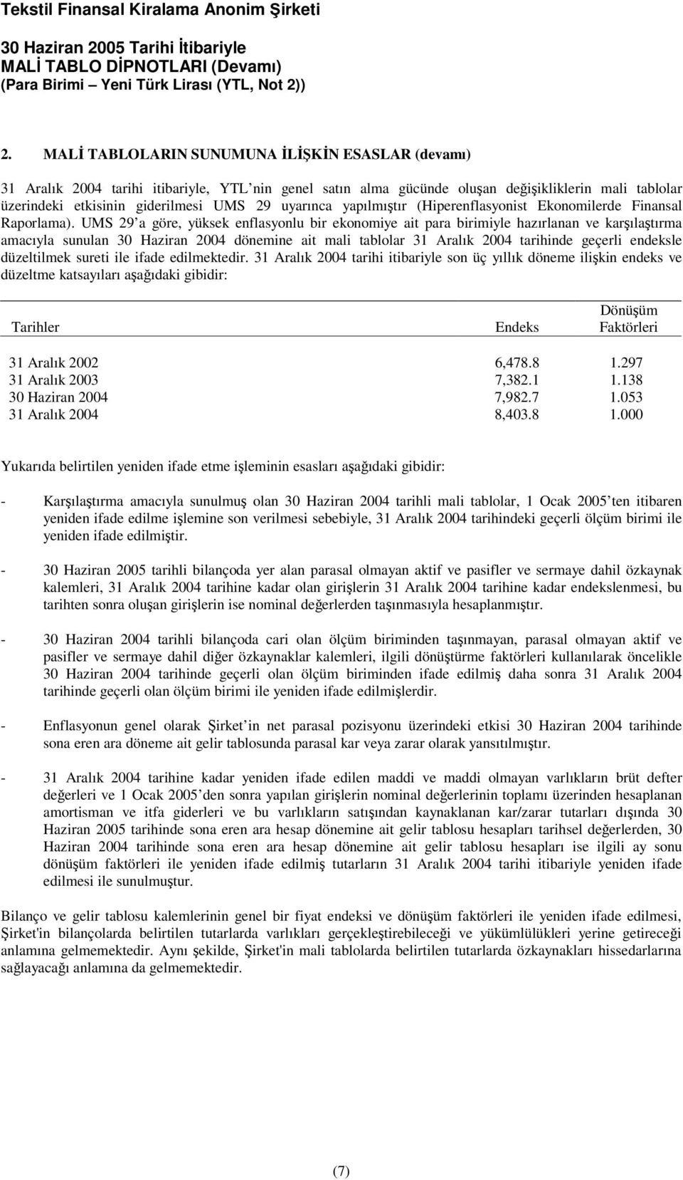 UMS 29 a göre, yüksek enflasyonlu bir ekonomiye ait para birimiyle hazırlanan ve karılatırma amacıyla sunulan 30 Haziran 2004 dönemine ait mali tablolar 31 Aralık 2004 tarihinde geçerli endeksle