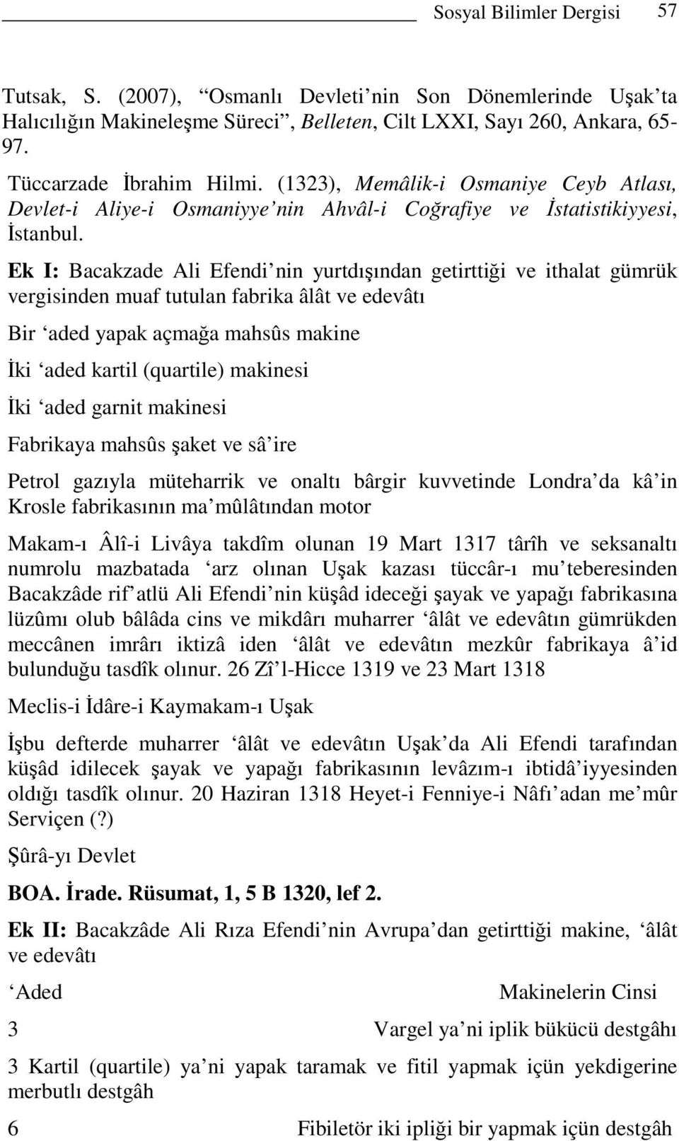 Ek I: Bacakzade Ali Efendi nin yurtdışından getirttiği ve ithalat gümrük vergisinden muaf tutulan fabrika âlât ve edevâtı Bir aded yapak açmağa mahsûs makine Đki aded kartil (quartile) makinesi Đki