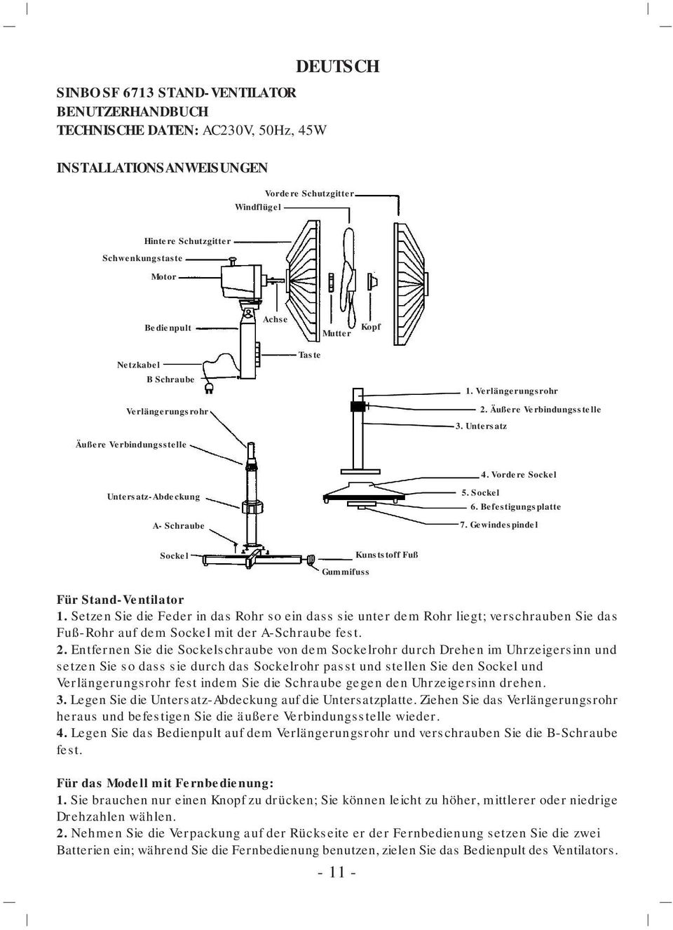 Vordere Sockel 5. Sockel 6. Befestigungsplatte 7. Gewindespindel Sockel Gummifuss Kunststoff Fuß Für Stand-Ventilator 1.