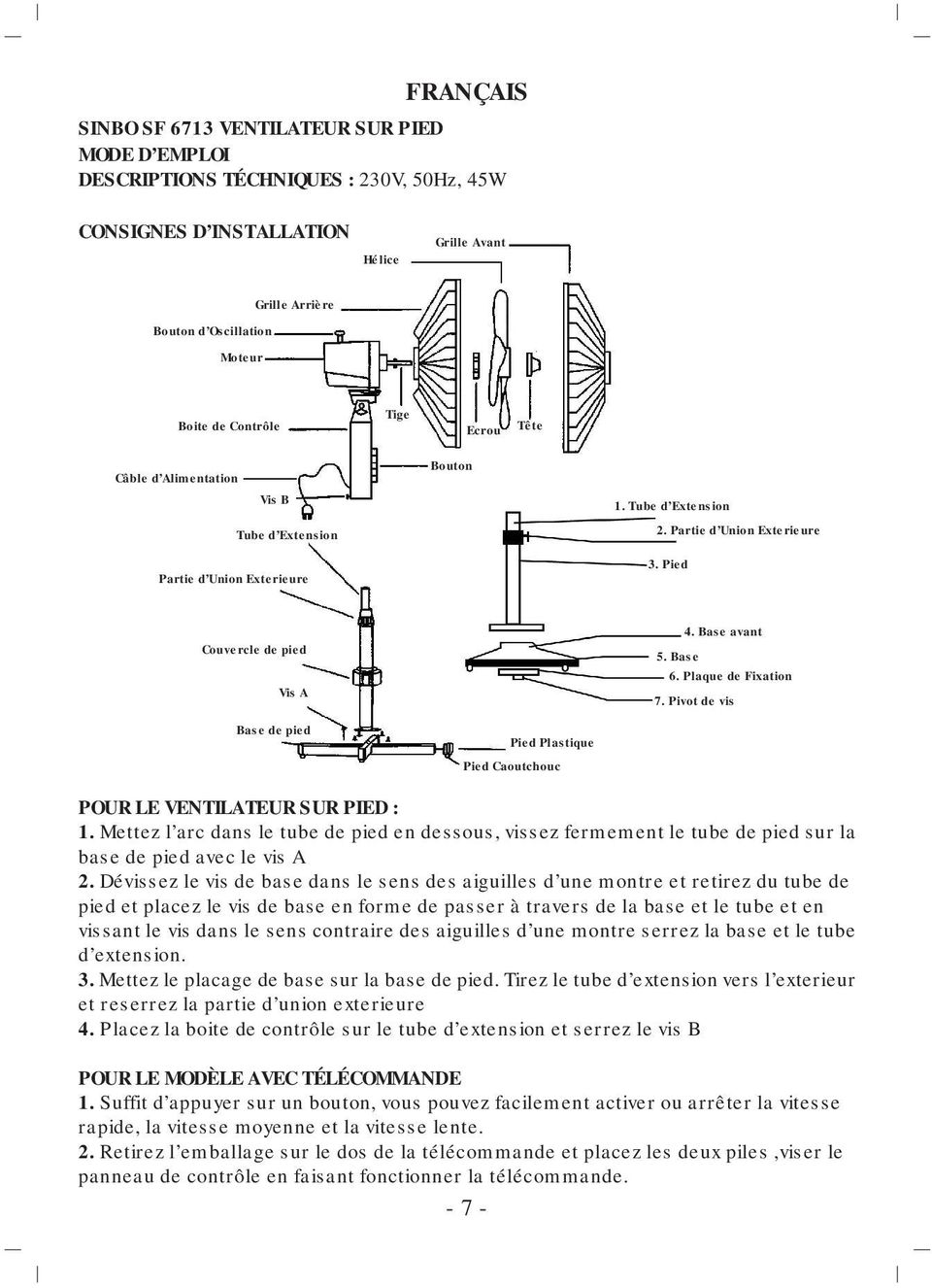 Base 6. Plaque de Fixation 7. Pivot de vis Base de pied Pied Plastique Pied Caoutchouc POUR LE VENTILATEUR SUR PIED : 1.