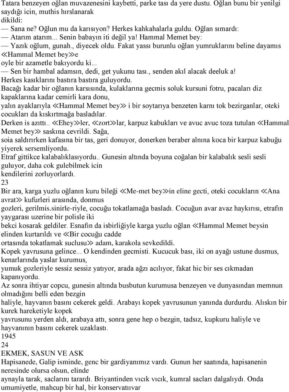 Fakat yassı burunlu oğlan yumruklarını beline dayamıs Hammal Memet bey e oyle bir azametle bakıyordu ki... Sen bir hambal adamsın, dedi, get yukunu tası., senden akıl alacak deeluk a!