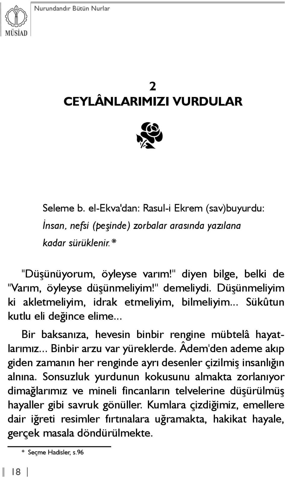 .. Bir baksanýza, hevesin binbir rengine mübtelâ hayatlarýmýz... Binbir arzu var yüreklerde. Âdem'den ademe akýp giden zamanýn her renginde ayrý desenler çizilmiþ insanlýðýn alnýna.