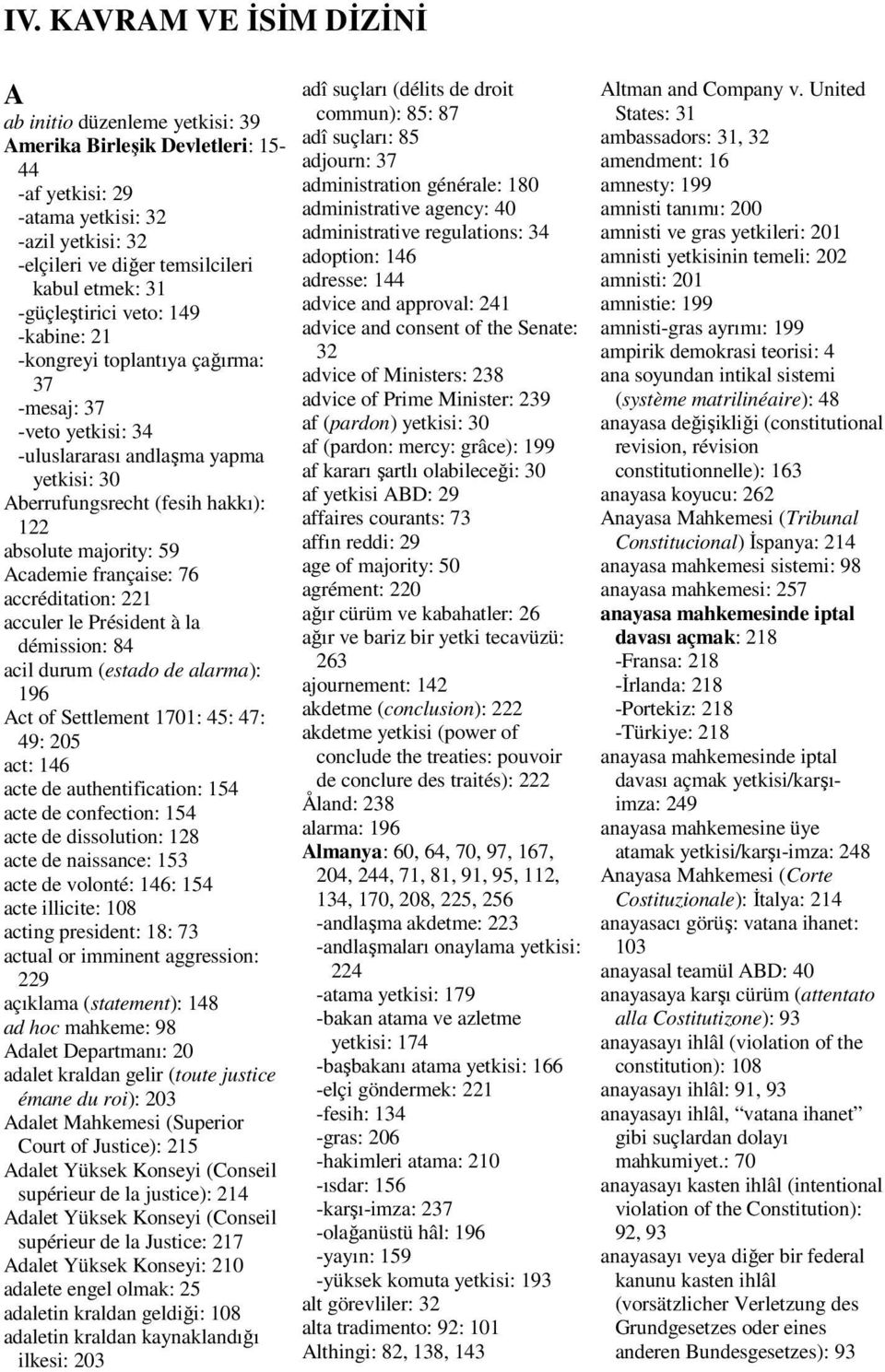 Academie française: 76 accréditation: 221 acculer le Président à la démission: 84 acil durum (estado de alarma): 196 Act of Settlement 1701: 45: 47: 49: 205 act: 146 acte de authentification: 154