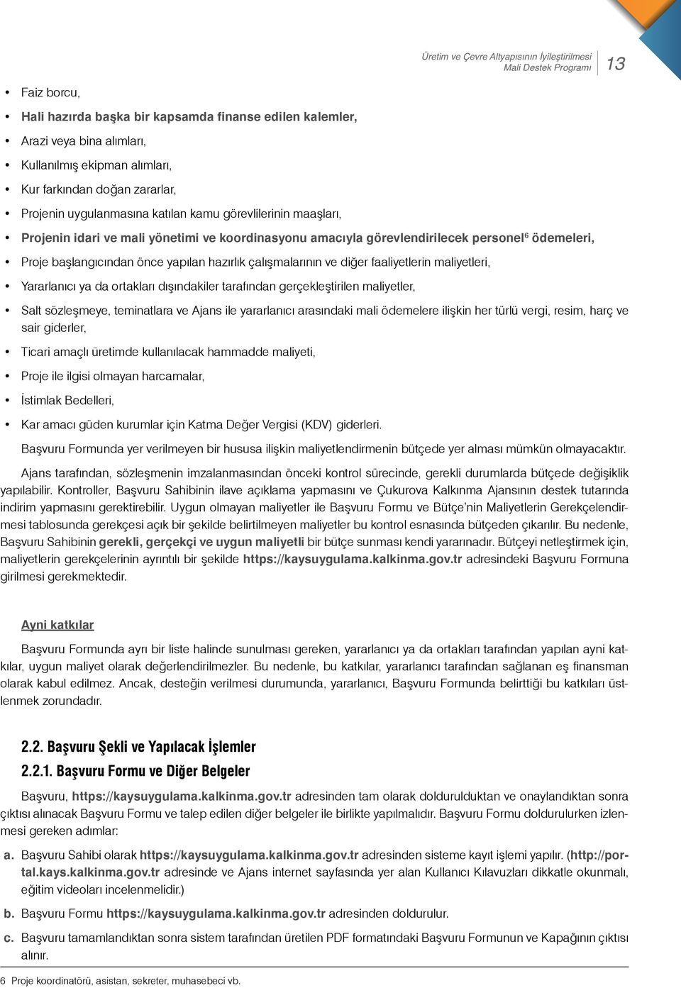 başlangıcından önce yapılan hazırlık çalışmalarının ve diğer faaliyetlerin maliyetleri, Yararlanıcı ya da ortakları dışındakiler tarafından gerçekleştirilen maliyetler, Salt sözleşmeye, teminatlara