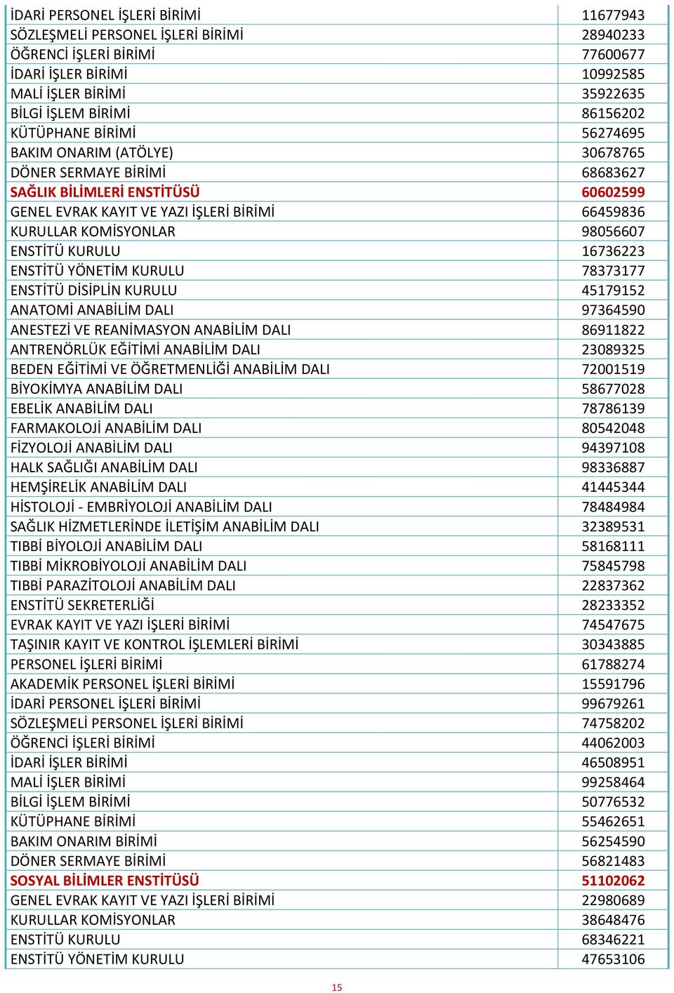 98056607 ENSTİTÜ KURULU 16736223 ENSTİTÜ YÖNETİM KURULU 78373177 ENSTİTÜ DİSİPLİN KURULU 45179152 ANATOMİ ANABİLİM DALI 97364590 ANESTEZİ VE REANİMASYON ANABİLİM DALI 86911822 ANTRENÖRLÜK EĞİTİMİ