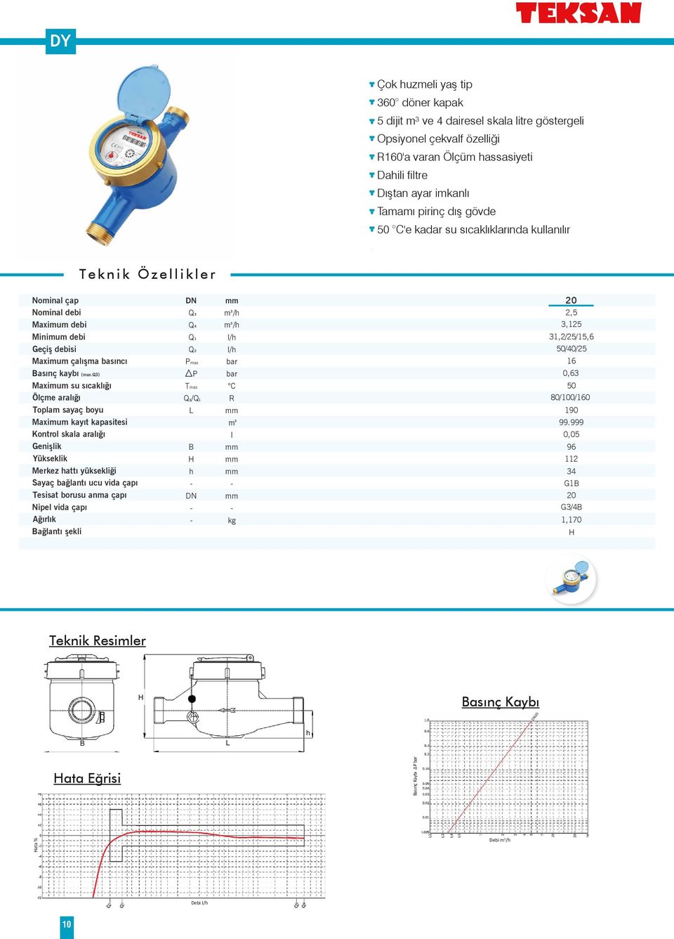 ) Maximum su sıcaklığı Ölçme aralığı Toplam sayaç boyu Maximum kayıt kapasitesi Kontrol skala aralığı Genişlik Yükseklik Merkez hattı yüksekliği Sayaç bağlantı ucu
