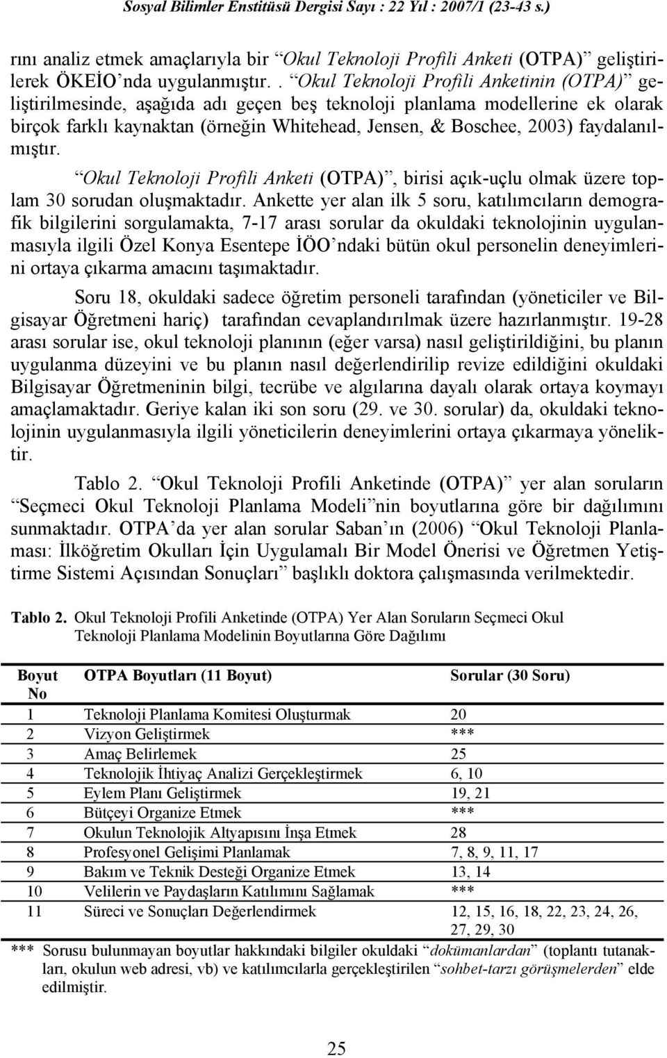 faydalanılmıştır. Okul Teknoloji Profili Anketi (OTPA), birisi açık-uçlu olmak üzere toplam 30 sorudan oluşmaktadır.