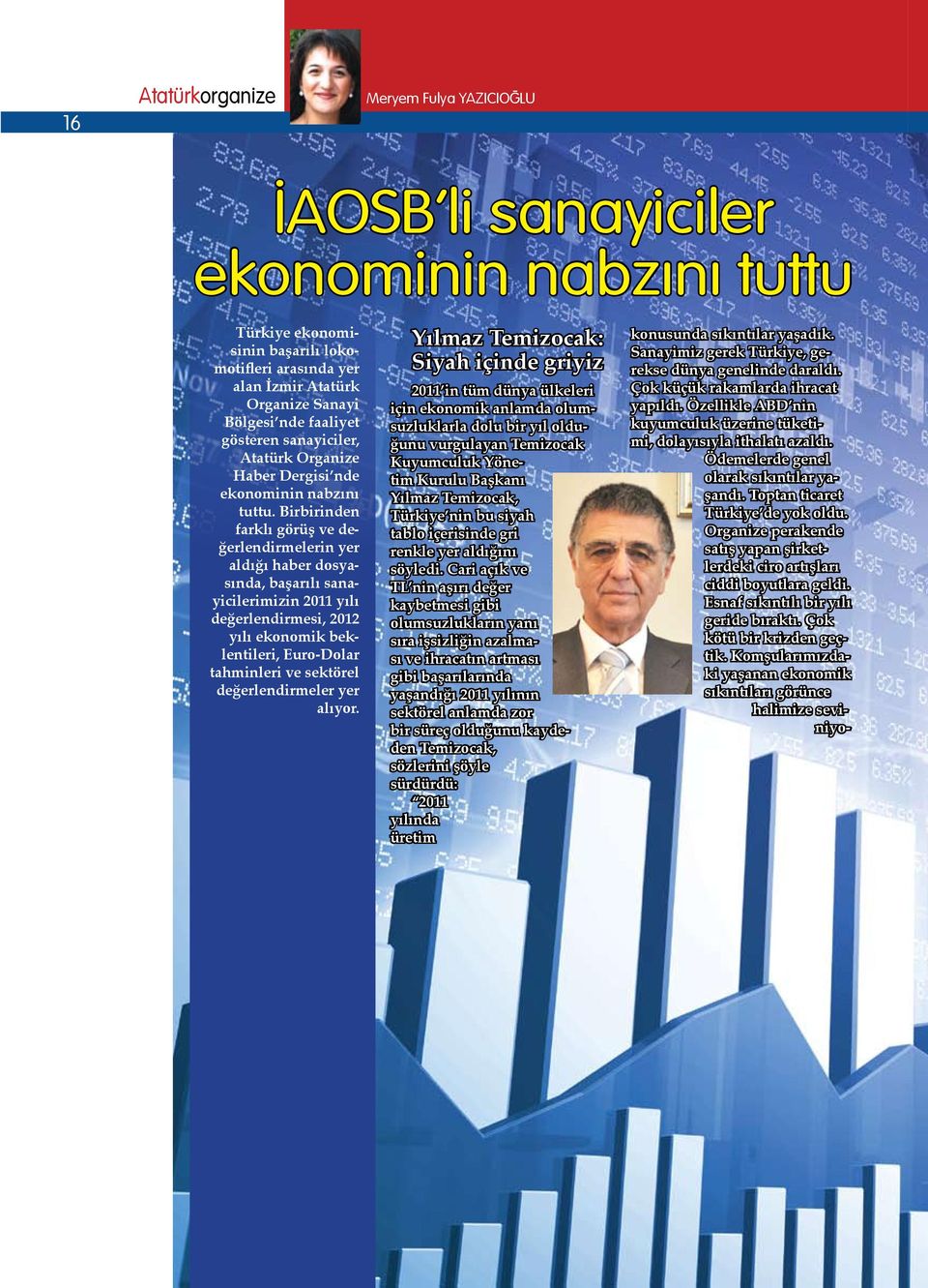 Birbirinden farklı görüş ve değerlendirmelerin yer aldığı haber dosyasında, başarılı sanayicilerimizin 2011 yılı değerlendirmesi, 2012 yılı ekonomik beklentileri, Euro-Dolar tahminleri ve sektörel