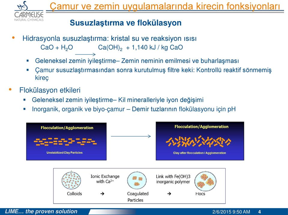 susuzlaştırmasından sonra kurutulmuş filtre keki: Kontrollü reaktif sönmemiş kireç Flokülasyon etkileri Geleneksel zemin iyileştirme