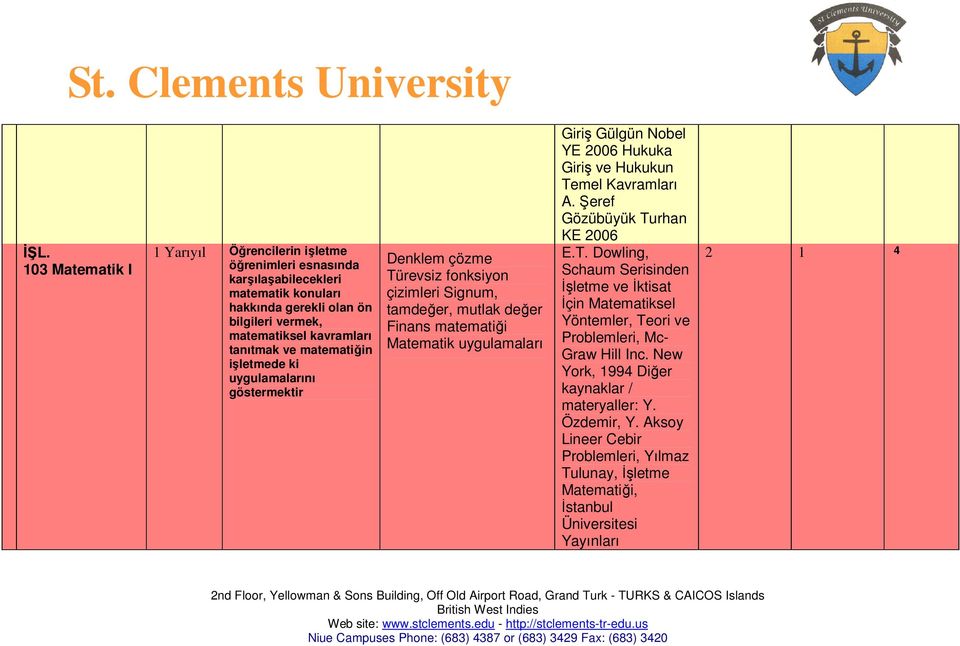 Nobel YE 2006 Hukuka Giriş ve Hukukun Temel Kavramları A. Şeref Gözübüyük Turhan KE 2006 E.T. Dowling, Schaum Serisinden İşletme ve İktisat İçin Matematiksel Yöntemler, Teori ve Problemleri, Mc- Graw Hill Inc.