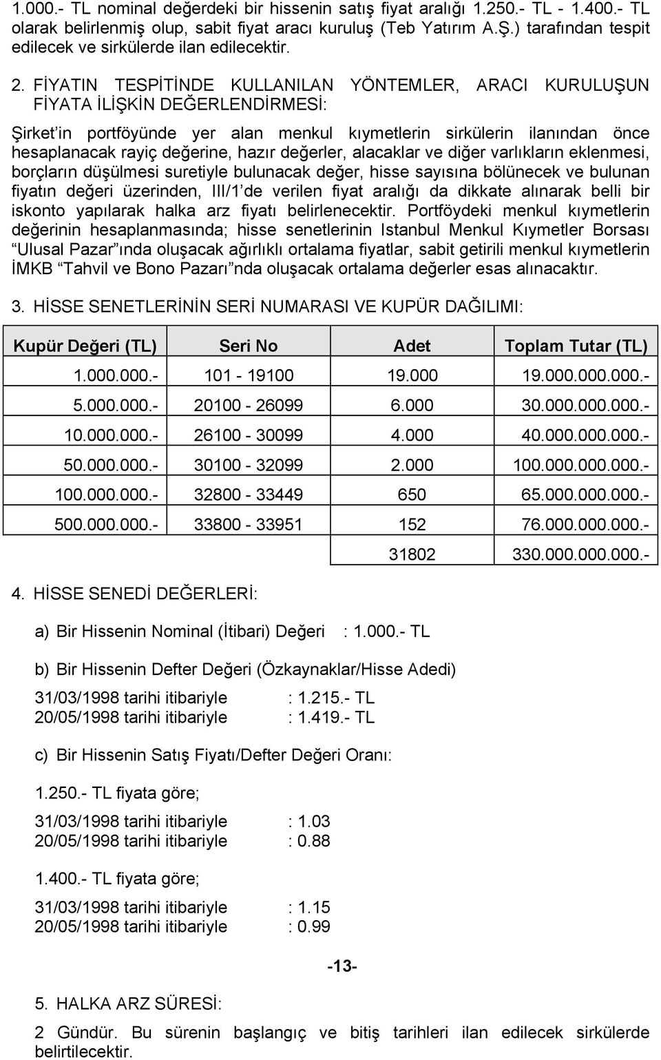 FİYATIN TESPİTİNDE KULLANILAN YÖNTEMLER, ARACI KURULUŞUN FİYATA İLİŞKİN DEĞERLENDİRMESİ: Şirket in portföyünde yer alan menkul kõymetlerin sirkülerin ilanõndan önce hesaplanacak rayiç değerine, hazõr