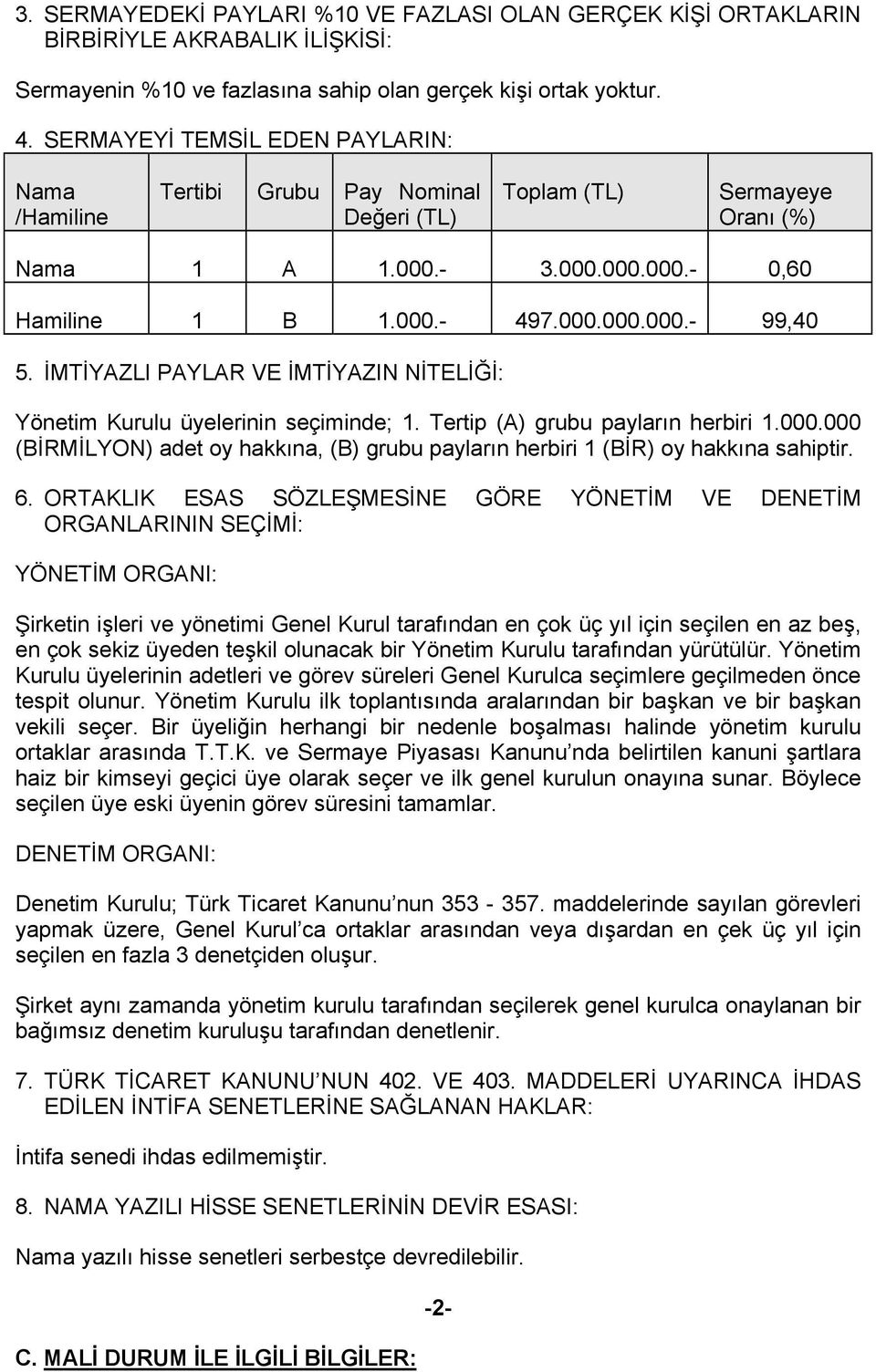 İMTİYAZLI PAYLAR VE İMTİYAZIN NİTELİĞİ: Yönetim Kurulu üyelerinin seçiminde; 1. Tertip (A) grubu paylarõn herbiri 1.000.