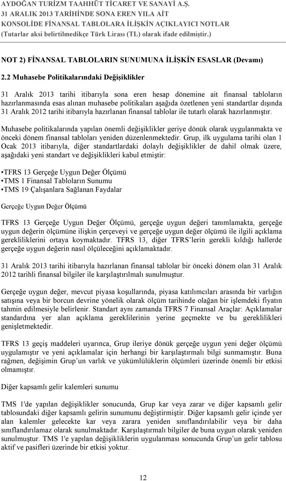 standartlar dışında 31 Aralık 2012 tarihi itibarıyla hazırlanan finansal tablolar ile tutarlı olarak hazırlanmıştır.