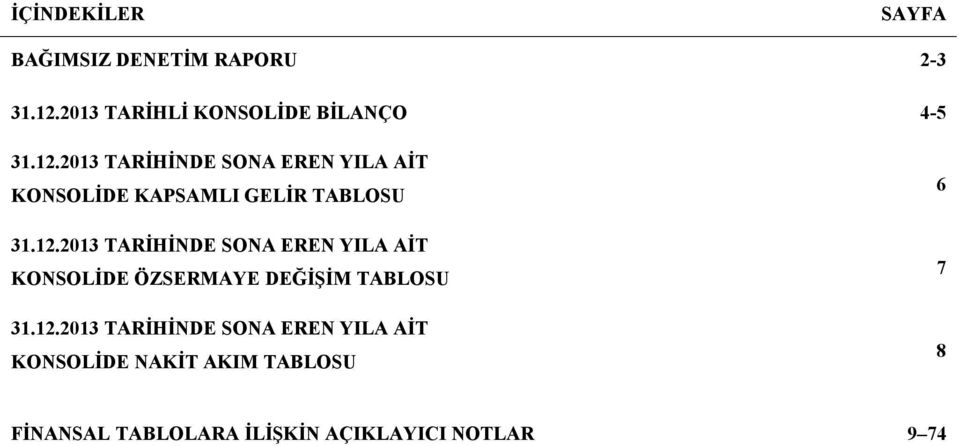 12.2013 TARİHİNDE SONA EREN YILA AİT KONSOLİDE NAKİT AKIM TABLOSU 6 7 8 FİNANSAL