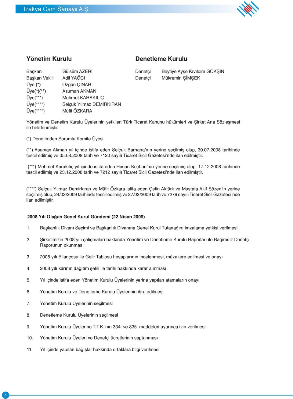 (*) Denetimden Sorumlu Komite Üyesi (**) Asuman Akman yıl içinde istifa eden Selçuk Barhana nın yerine seçilmiş olup, 30.07. tarihinde tescil edilmiş ve 05.08.