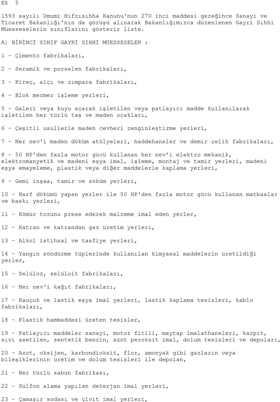 A) BİRİNCİ SINIF GAYRİ SIHHİ MÜESSESELER : 1 - Çimento fabrikaları, 2 - Seramik ve porselen fabrikaları, 3 - Kireç, alçı ve zımpara fabrikaları, 4 - Blok mermer işleme yerleri, 5 - Galeri veya kuyu