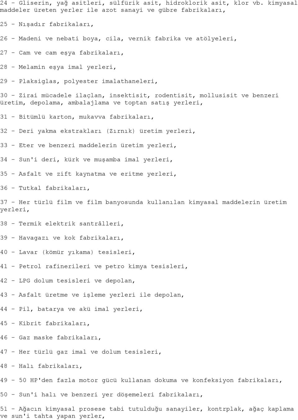 Melamin eşya imal yerleri, 29 - Plaksiglas, polyester imalathaneleri, 30 - Zirai mücadele ilaçlan, insektisit, rodentisit, mollusisit ve benzeri üretim, depolama, ambalajlama ve toptan satış yerleri,