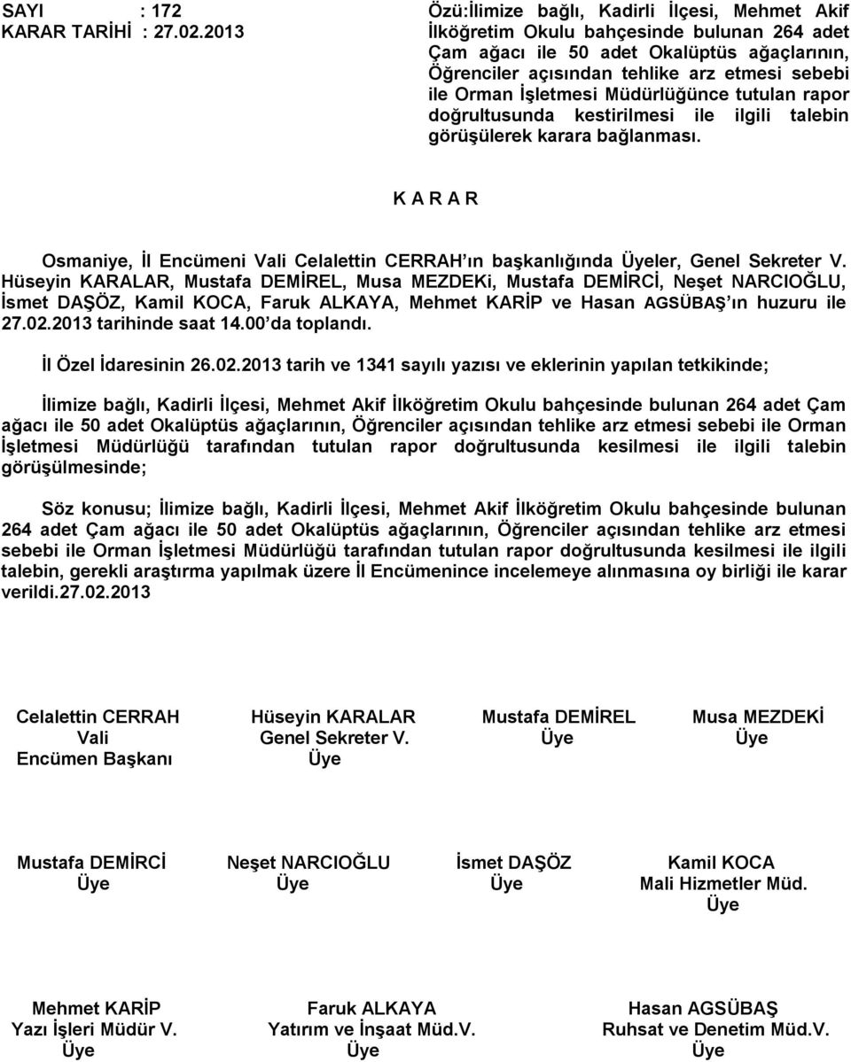 İşletmesi Müdürlüğünce tutulan rapor doğrultusunda kestirilmesi ile ilgili talebin görüşülerek karara bağlanması. Osmaniye, İl Encümeni Vali Celalettin CERRAH ın başkanlığında ler, Genel Sekreter V.