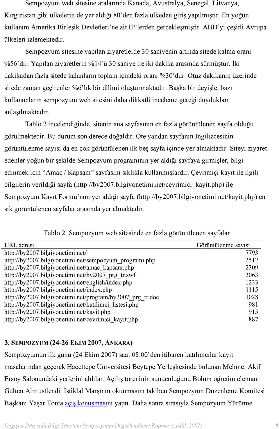 Sempozyum sitesine yapılan ziyaretlerde 30 saniyenin altında sitede kalma oranı %56 dır. Yapılan ziyaretlerin %14 ü 30 saniye ile iki dakika arasında sürmüştür.