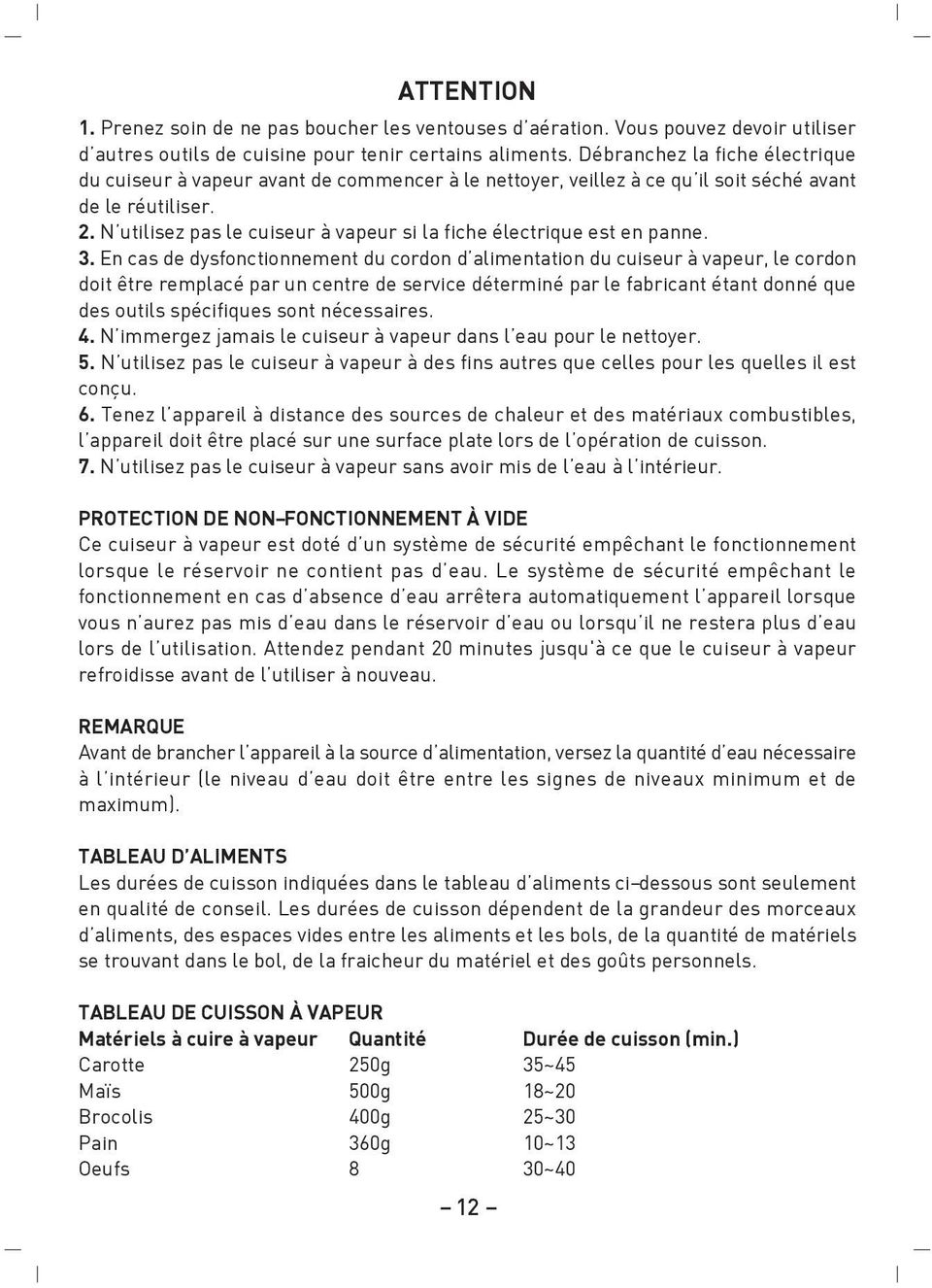 N utilisez pas le cuiseur à vapeur si la fiche électrique est en panne. 3.