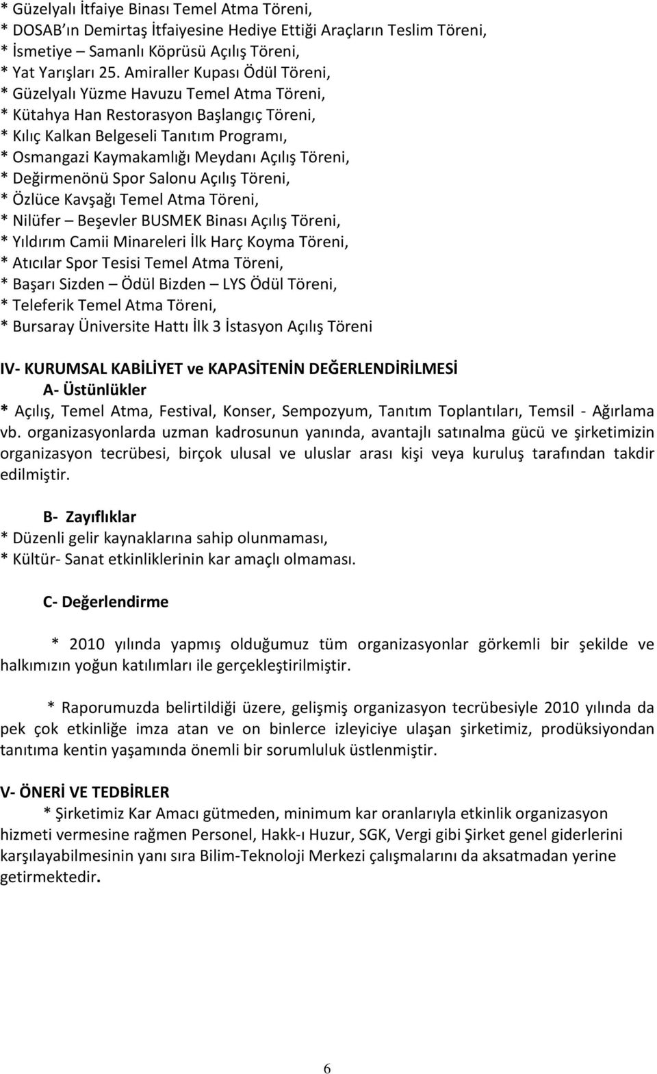 Açılış Töreni, * Değirmenönü Spor Salonu Açılış Töreni, * Özlüce Kavşağı Temel Atma Töreni, * Nilüfer Beşevler BUSMEK Binası Açılış Töreni, * Yıldırım Camii Minareleri İlk Harç Koyma Töreni, *