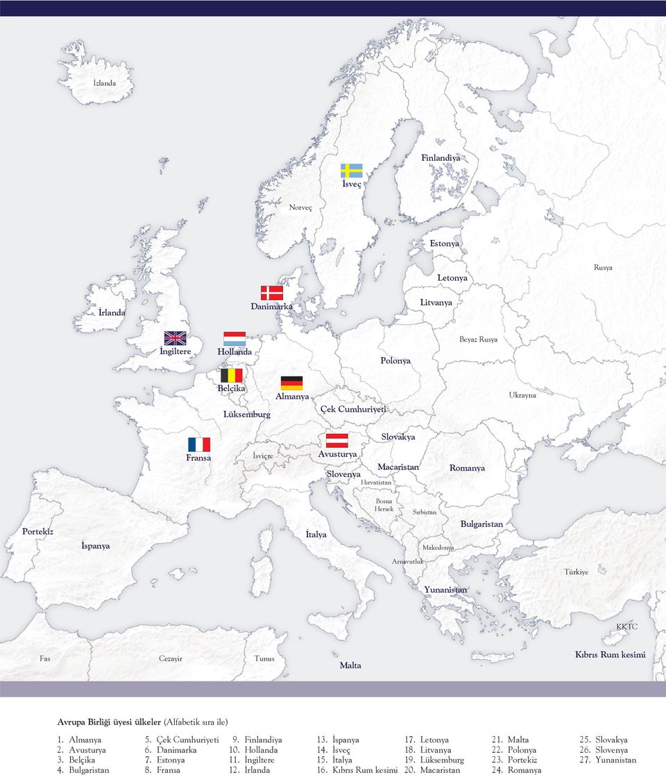 Avrupa Birliği üyesi ülkeler (Alfabetik sıra ile) 1. 2. 3. 4. Almanya Avusturya Belçika Bulgaristan 5. 6. 7. 8. Çek Cumhuriyeti Danimarka Estonya Fransa 9. 10. 11. 12.