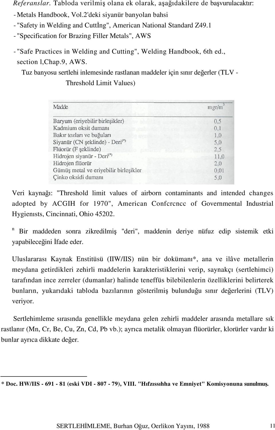 Tuz banyosu sertlehi inlemesinde rastlanan maddeler için sınır değerler (TLV - Threshold Limit Values) Veri kaynağı: "Threshold limit values of airborn contaminants and intended changes adopted by