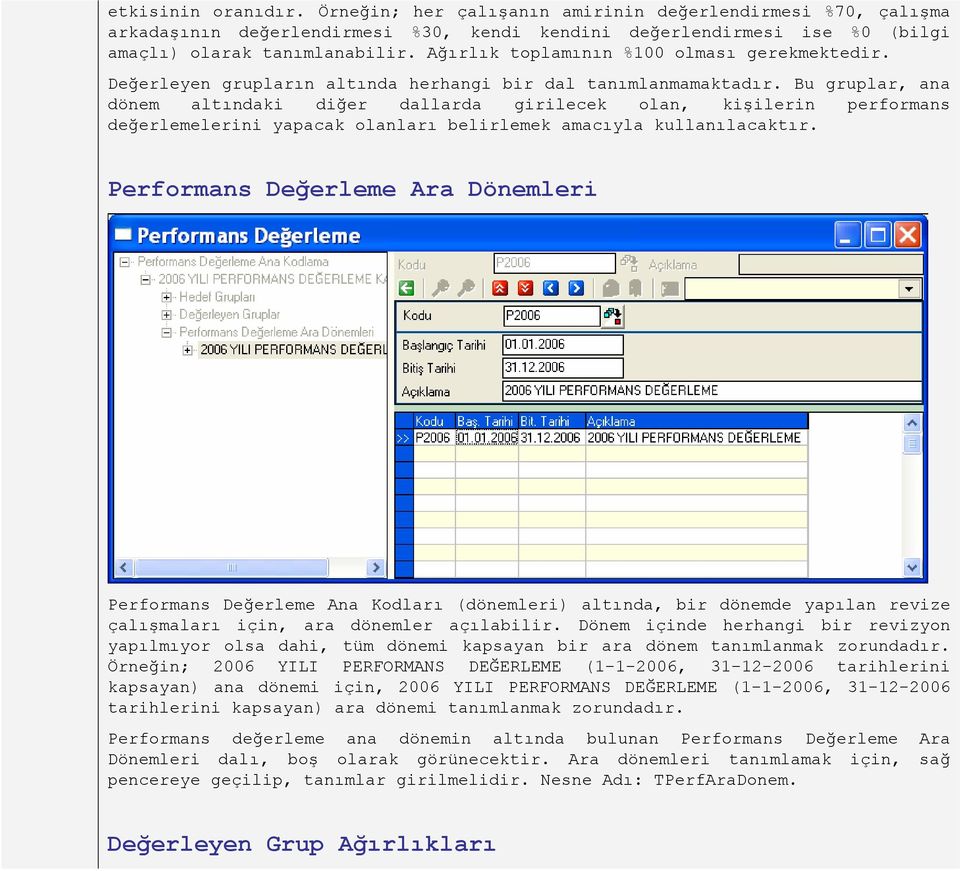 Bu gruplar, ana dönem altındaki diğer dallarda girilecek olan, kişilerin performans değerlemelerini yapacak olanları belirlemek amacıyla kullanılacaktır.