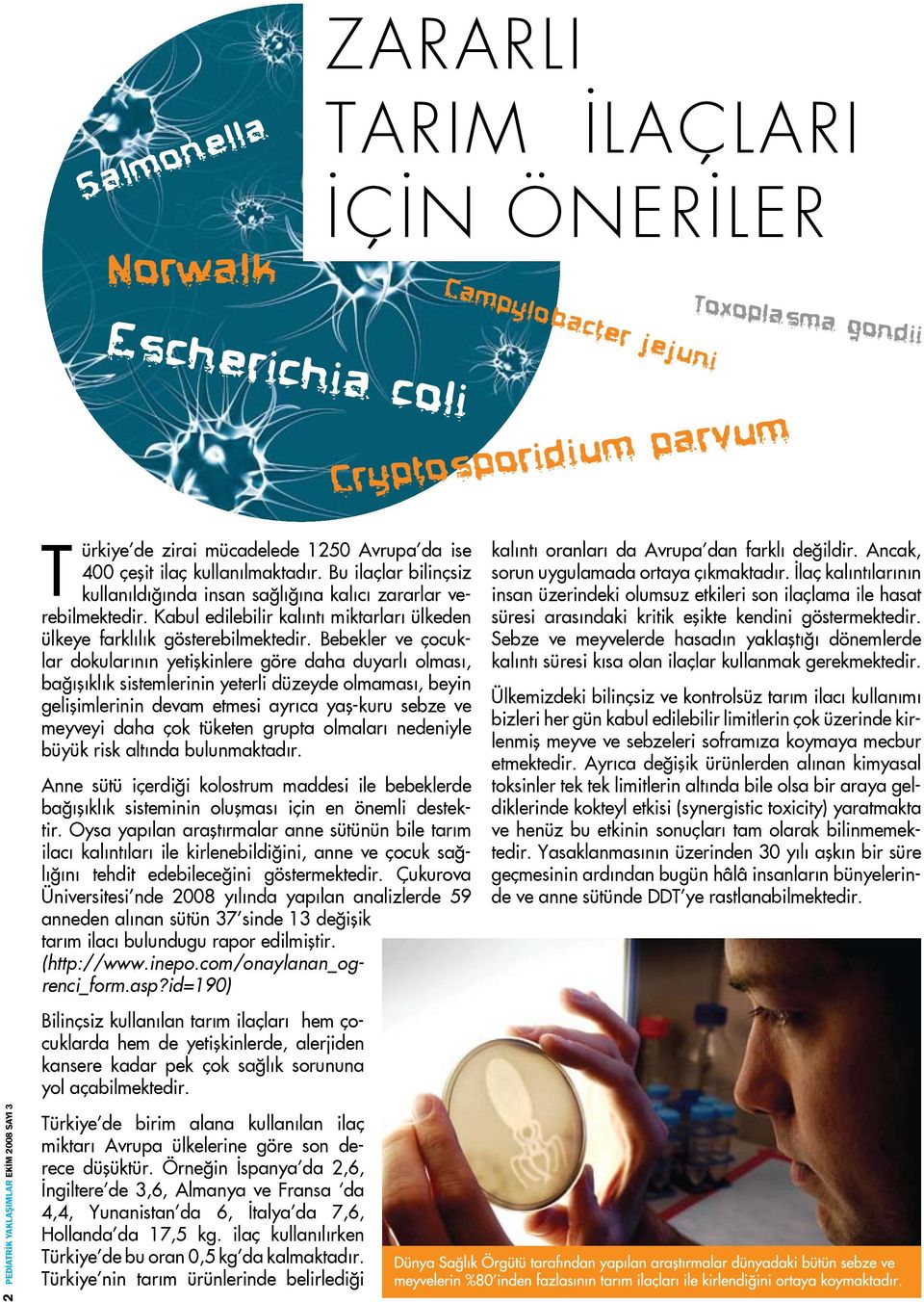 Bebekler ve çocuklar dokularının yetişkinlere göre daha duyarlı olması, bağışıklık sistemlerinin yeterli düzeyde olmaması, beyin gelişimlerinin devam etmesi ayrıca yaş-kuru sebze ve meyveyi daha çok