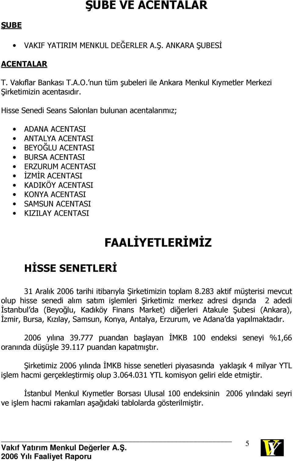 KIZILAY ACENTASI HĐSSE SENETLERĐ FAALĐYETLERĐMĐZ 31 Aralık 2006 tarihi itibarıyla Şirketimizin toplam 8.