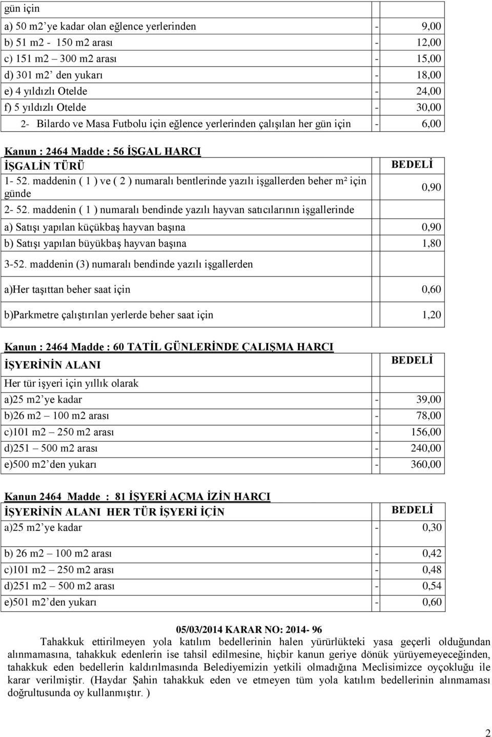 maddenin ( 1 ) ve ( 2 ) numaralı bentlerinde yazılı işgallerden beher m² için günde 2-52.