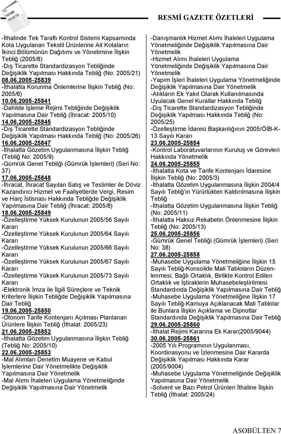 06.2005-25845 Değişiklik Yapılması Hakkında Tebliğ (No: 2005/26) 16.06.2005-25847 -İthalatta Gözetim Uygulanmasına İlişkin Tebliğ (Tebliğ No: 2005/9) -Gümrük Genel Tebliği (Gümrük İşlemleri) (Seri No: 37) 17.