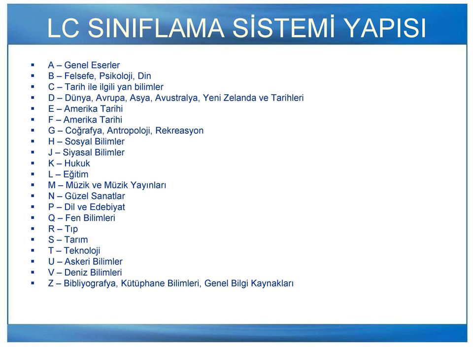 Sosyal Bilimler J Siyasal Bilimler K Hukuk L Eğitim M Müzik ve Müzik Yayınları N Güzel Sanatlar P Dil ve Edebiyat Q Fen