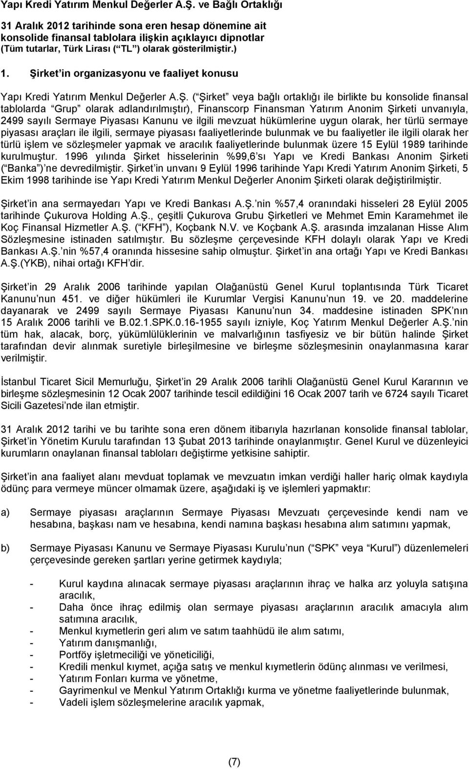 ( Şirket veya bağlı ortaklığı ile birlikte bu konsolide finansal tablolarda Grup olarak adlandırılmıştır), Finanscorp Finansman Yatırım Anonim Şirketi unvanıyla, 2499 sayılı Sermaye Piyasası Kanunu