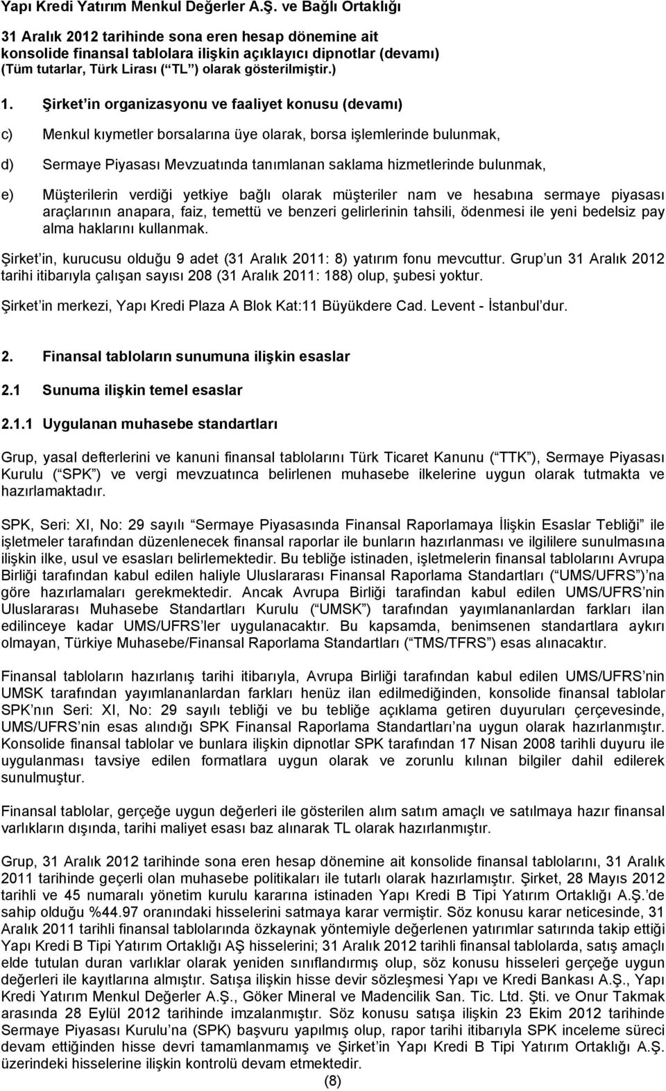 alma haklarını kullanmak. Şirket in, kurucusu olduğu 9 adet (31 Aralık 2011: 8) yatırım fonu mevcuttur.