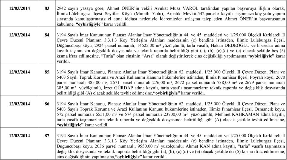 Kanununun Plansız Alanlar İmar Yönetmeliğinin 44. ve 45. maddeleri ve 1/