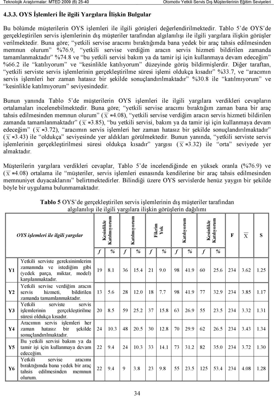 Tablo 5 de OYS de gerçekleştirilen servis işlemlerinin dış müşteriler tarafından algılanılışı ile ilgili yargılara ilişkin görüşler verilmektedir.