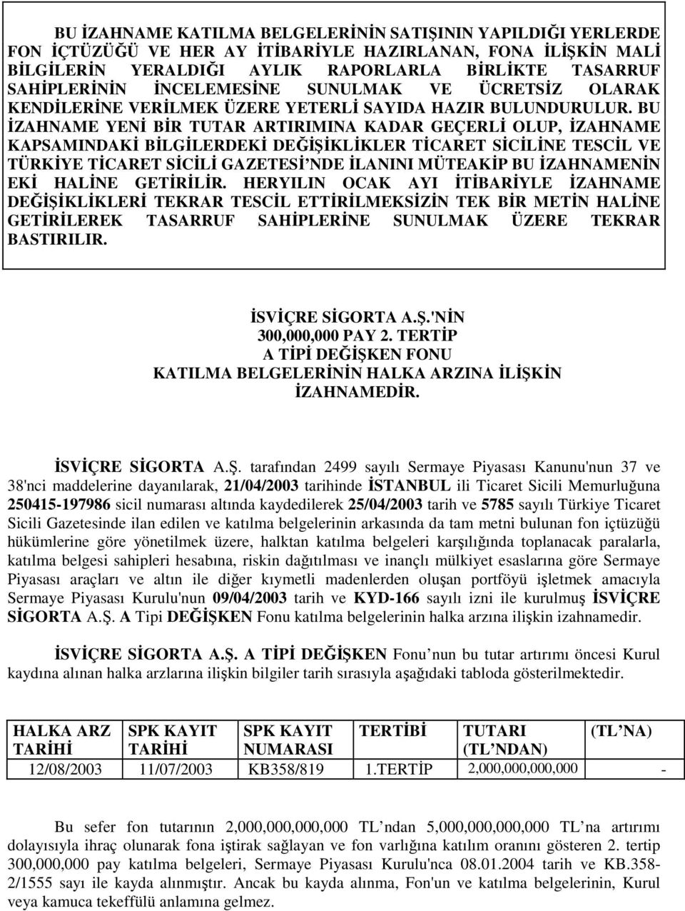 BU ĐZAHNAME YENĐ BĐR TUTAR ARTIRIMINA KADAR GEÇERLĐ OLUP, ĐZAHNAME KAPSAMINDAKĐ BĐLGĐLERDEKĐ DEĞĐŞĐKLĐKLER TĐCARET SĐCĐLĐNE TESCĐL VE TÜRKĐYE TĐCARET SĐCĐLĐ GAZETESĐ NDE ĐLANINI MÜTEAKĐP BU