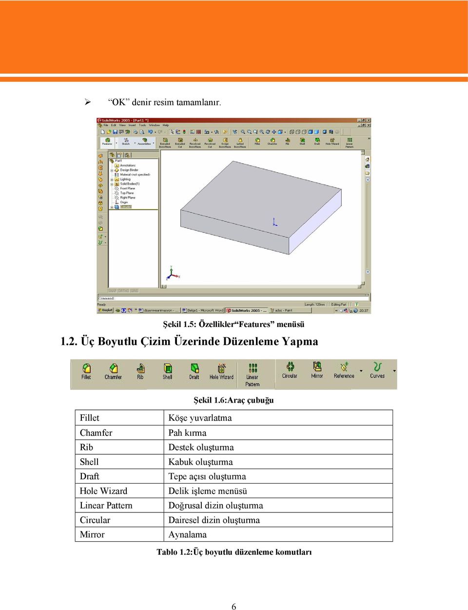 6:Araç çubuğu Fillet Chamfer Rib Shell Draft Hole Wizard Linear Pattern Circular Mirror Köşe