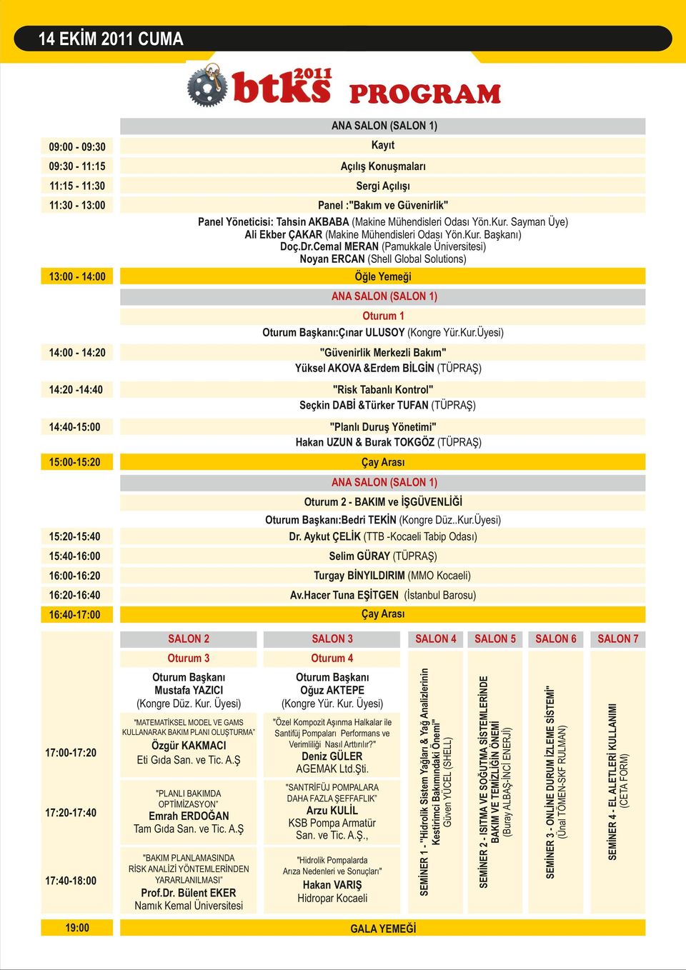 Cemal MERAN (Pamukkale Üniversitesi) Noyan ERCAN (Shell Global Solutions) 13:00-14:00 Öğle Yemeği ANA SALON (SALON 1) Oturum 1 Oturum Başkanı:Çınar ULUSOY (Kongre Yür.Kur.