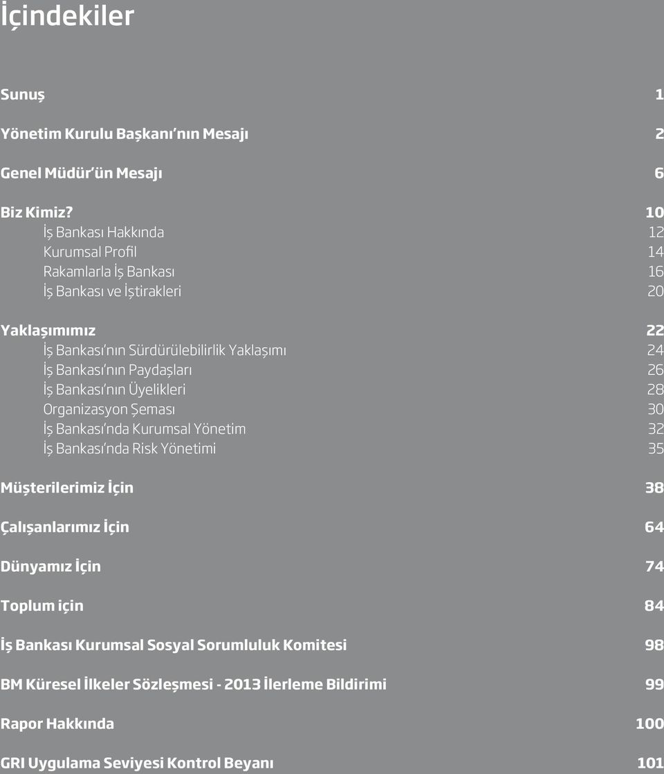 İş Bankası nın Paydaşları 26 İş Bankası nın Üyelikleri 28 Organizasyon Şeması 30 İş Bankası nda Kurumsal Yönetim 32 İş Bankası nda Risk Yönetimi 35
