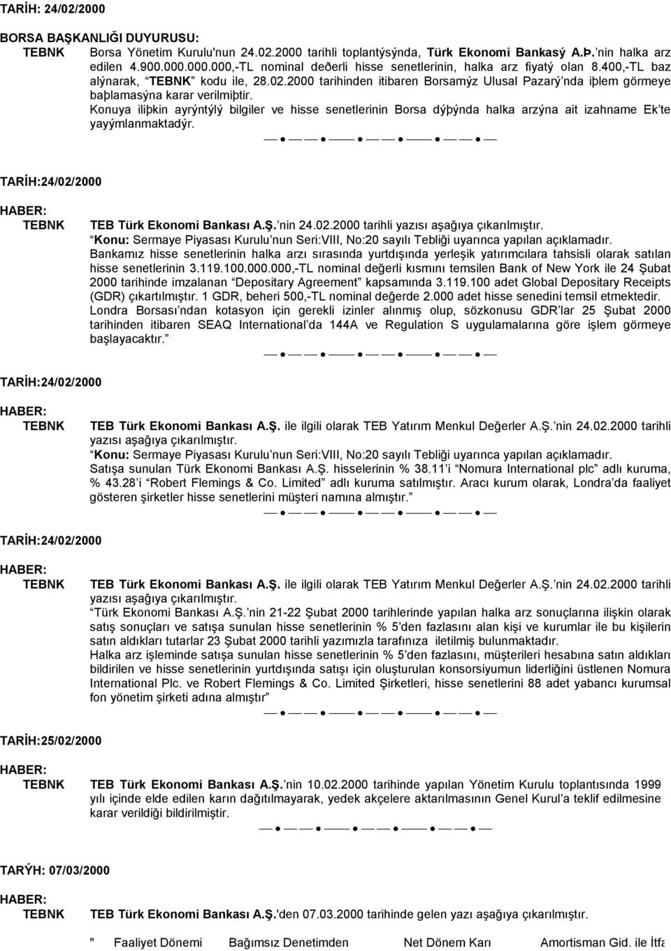 Konuya iliþkin ayrýntýlý bilgiler ve hisse senetlerinin Borsa dýþýnda halka arzýna ait izahname Ek te yayýmlanmaktadýr. TARİH:24/02/2000 TEB Türk Ekonomi Bankası A.Ş. nin 24.02.2000 tarihli yazısı aşağıya çıkarılmıştır.