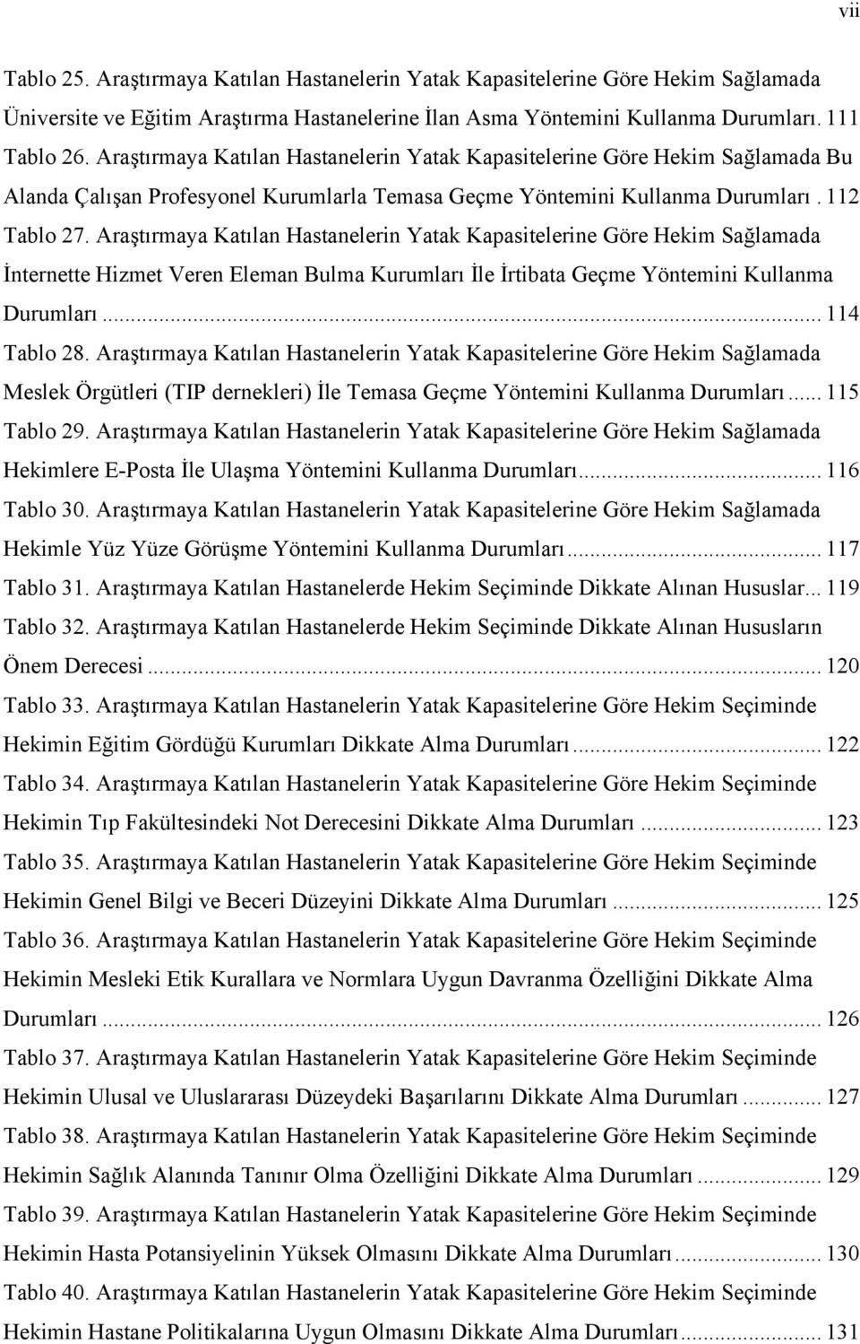 Araştırmaya Katılan Hastanelerin Yatak Kapasitelerine Göre Hekim Sağlamada İnternette Hizmet Veren Eleman Bulma Kurumları İle İrtibata Geçme Yöntemini Kullanma Durumları... 114 Tablo 28.