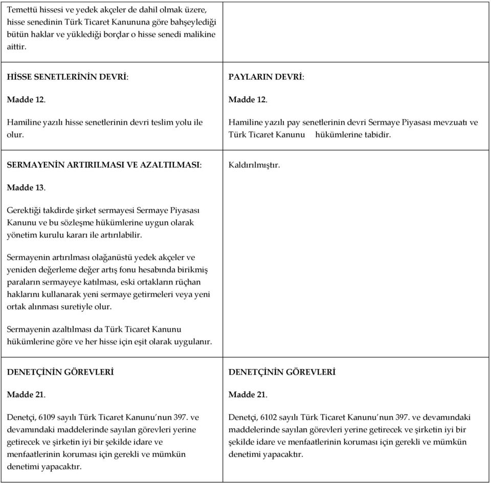 Hamiline yazılı pay senetlerinin devri Sermaye Piyasası mevzuatı ve Türk Ticaret Kanunu hükümlerine tabidir. SERMAYENİN ARTIRILMASI VE AZALTILMASI: Madde 13.