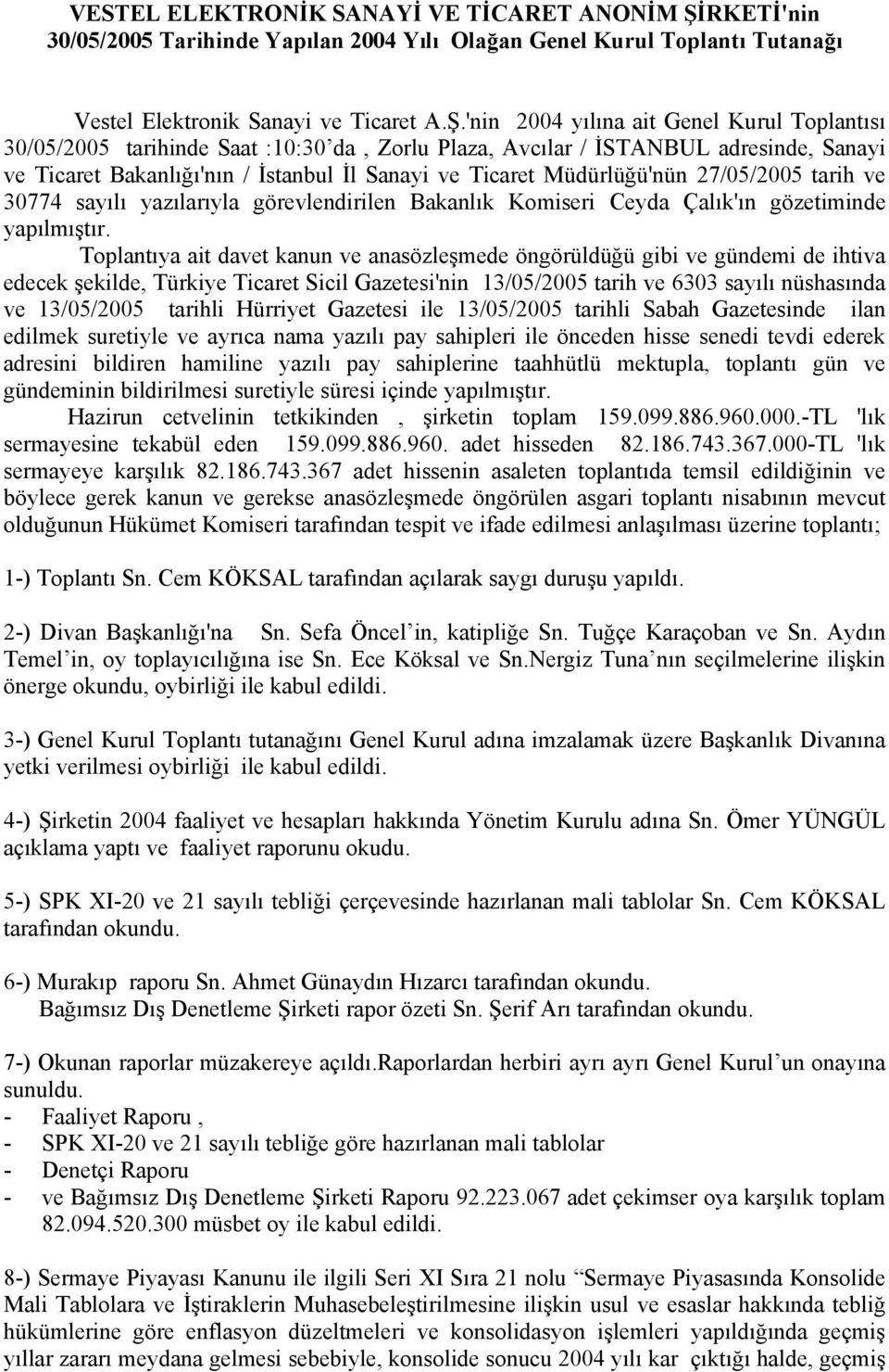 'nin 2004 yılına ait Genel Kurul Tplantısı 30/05/2005 tarihinde Saat :10:30 da, Zrlu Plaza, Avcılar / İSTANBUL adresinde, Sanayi ve Ticaret Bakanlığı'nın / İstanbul İl Sanayi ve Ticaret Müdürlüğü'nün