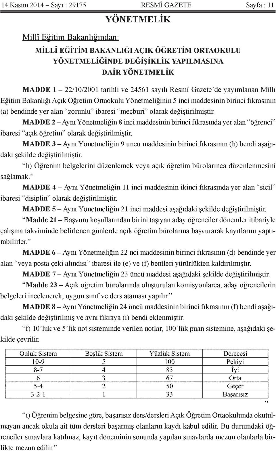 mecburi olarak değiştirilmiştir. MADDE 2 Aynı Yönetmeliğin 8 inci maddesinin birinci fıkrasında yer alan öğrenci ibaresi açık öğretim olarak değiştirilmiştir.