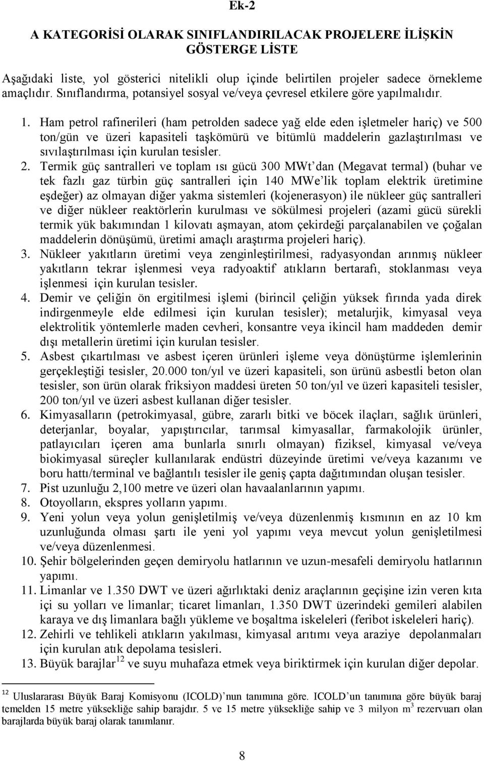 Ham petrol rafinerileri (ham petrolden sadece yağ elde eden işletmeler hariç) ve 500 ton/gün ve üzeri kapasiteli taşkömürü ve bitümlü maddelerin gazlaştırılması ve sıvılaştırılması için kurulan