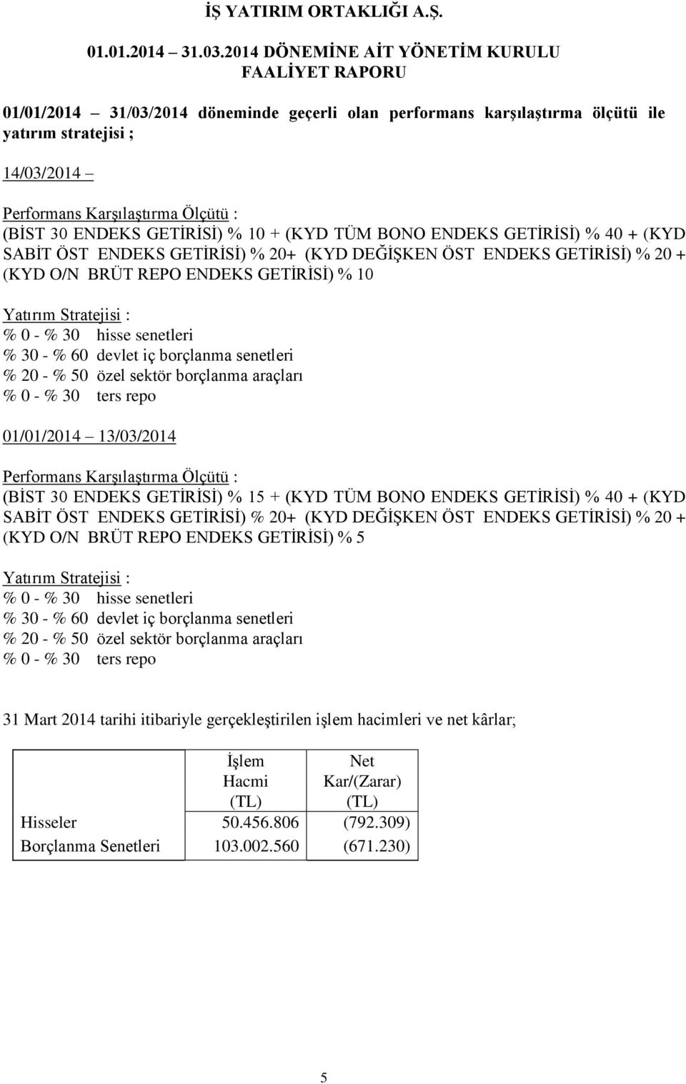 % 60 devlet iç borçlanma senetleri % 20 - % 50 özel sektör borçlanma araçları % 0 - % 30 ters repo 01/01/2014 13/03/2014 Performans Karşılaştırma Ölçütü : (BİST 30 ENDEKS GETİRİSİ) % 15 + (KYD TÜM