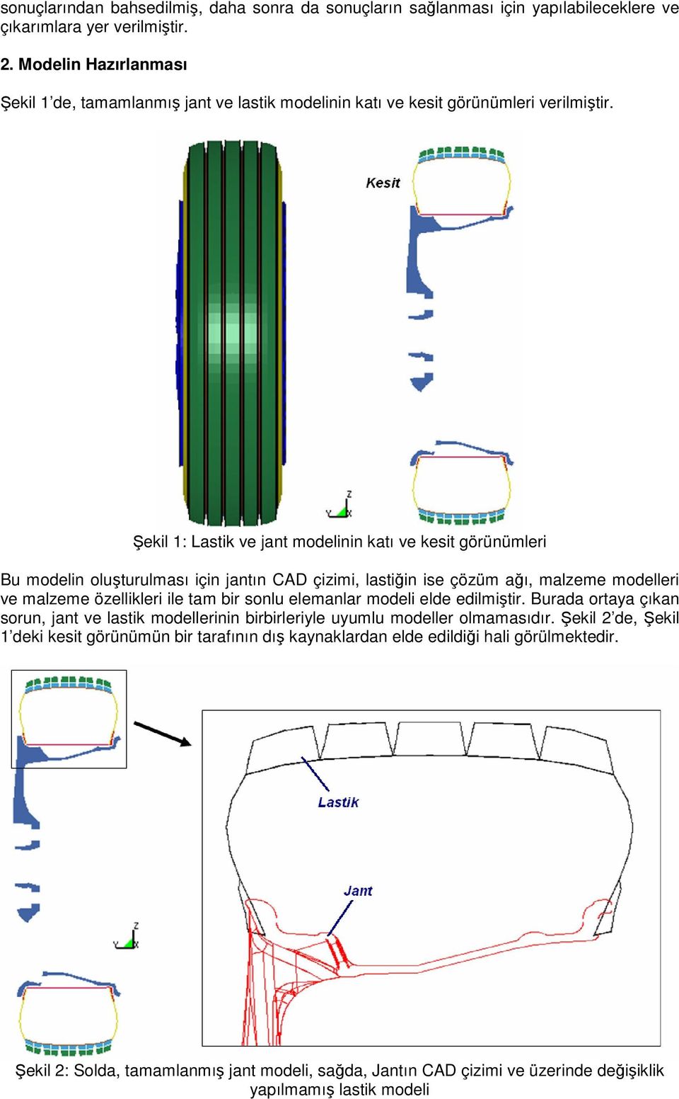 Şekil 1: Lastik ve jant modelinin katı ve kesit görünümleri Bu modelin oluşturulması için jantın CAD çizimi, lastiğin ise çözüm ağı, malzeme modelleri ve malzeme özellikleri ile tam bir sonlu