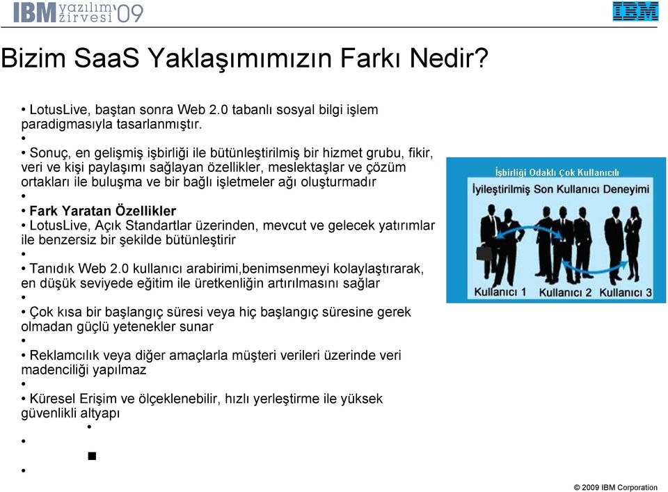 oluşturmadır Fark Yaratan Özellikler LotusLive, Açık Standartlar üzerinden, mevcut ve gelecek yatırımlar ile benzersiz bir şekilde bütünleştirir Tanıdık Web 2.